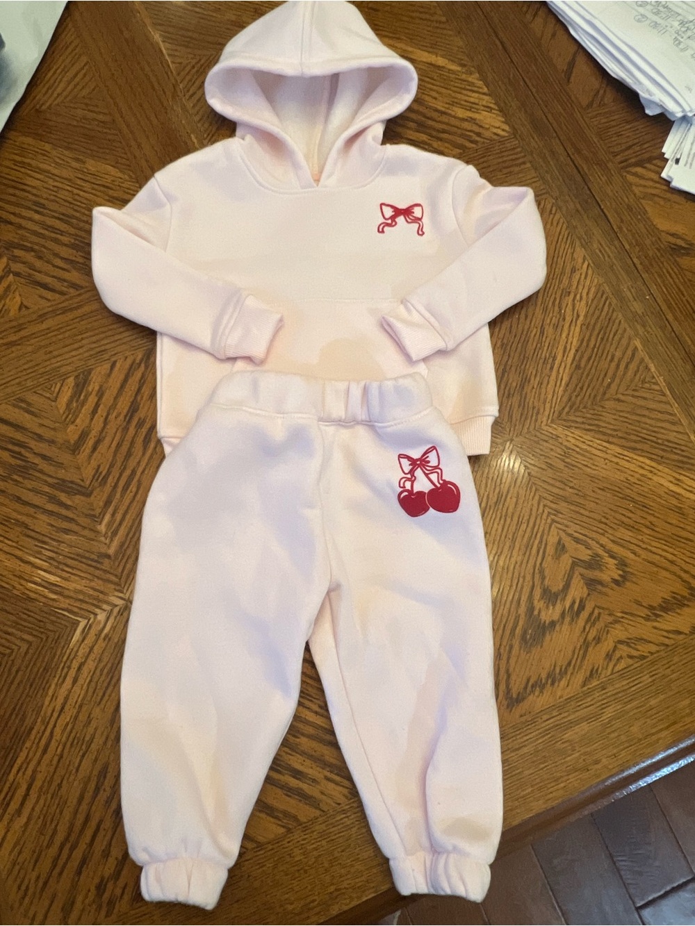 Pink Girls' Hoodie & Jogger Matching Set with Red Cherry Accent